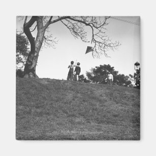 Two boys flying kite on hill B&W Magnet