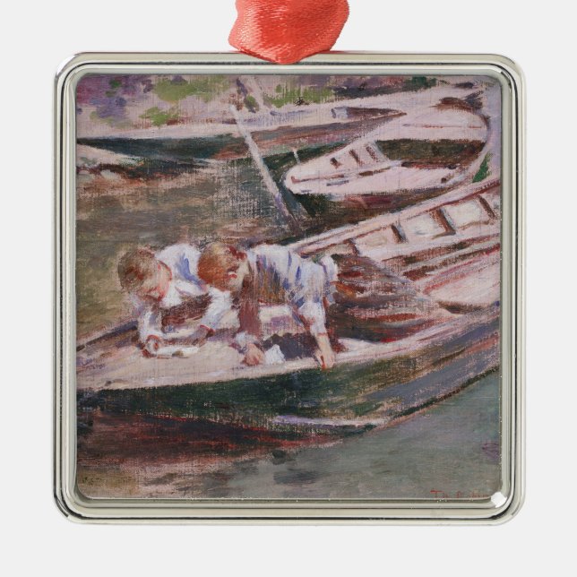 Two Boys in a Boat (by Theodore Robinson) Metal Ornament (Front)