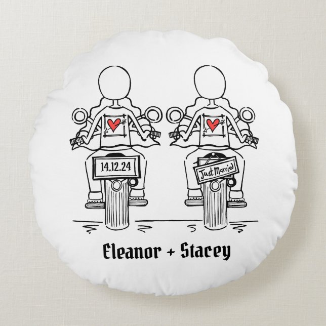 Two Brides Biker Motorcycle Wedding Round Pillow (Front)