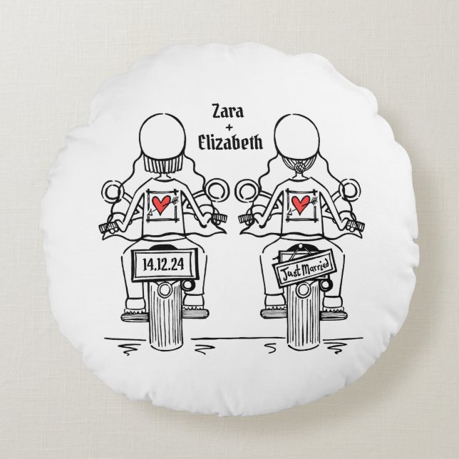 Two Brides Biker Motorcycle Wedding Round Pillow (Front)