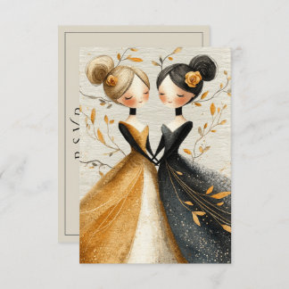 Two Brides Hand Drawn Pencil Illustration   RSVP Card