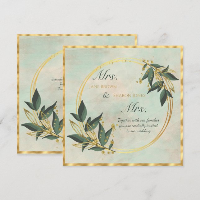 Two Brides Lesbian Watercolor Greenery Wedding Inv Invitation (Front/Back)