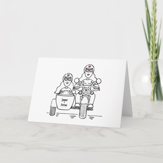 Two Brides Motorbike and Sidecar Wedding Card (Front)