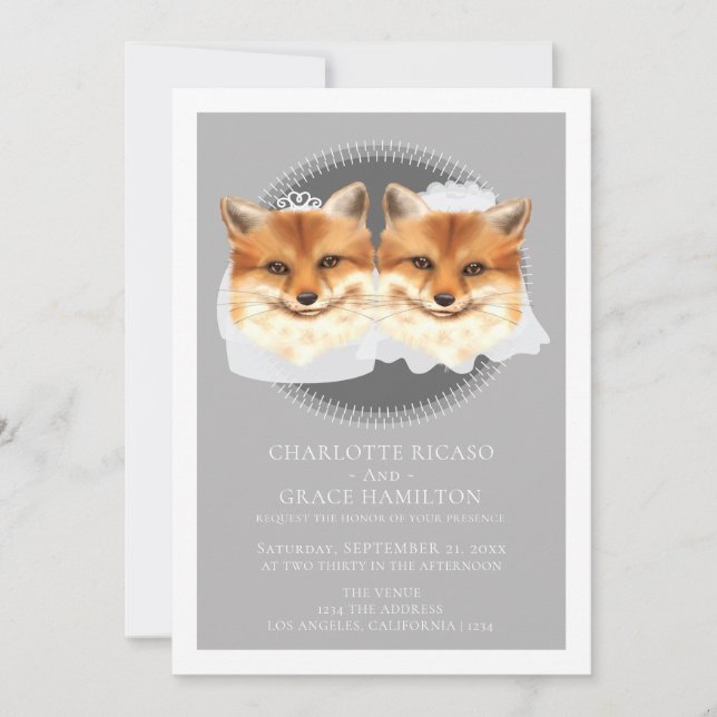 Two Brides Mrs and Mrs Fox Themed Wedding Announcement (Front)