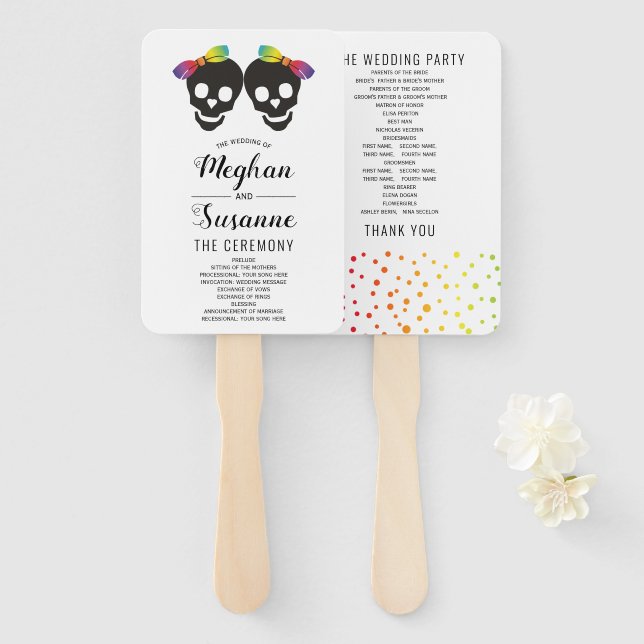 Two brides rainbow colours lesbian wedding program hand fan (Front and Back)