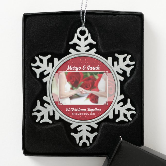 Two Brides Red Red Roses First Christmas Photo Snowflake Pewter Christmas Ornament (Box)