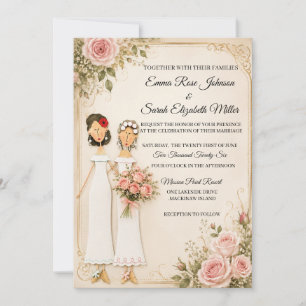 Two Brides Rose Bouquet Floral Wedding Invitation 
