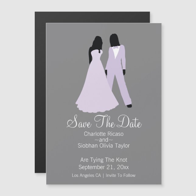 Two Brides Save The Date Wedding (Lilac And Grey) Magnetic Invitation (Front/Back)