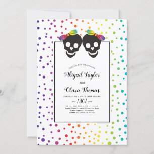 Two brides skull couple, confetti lesbian wedding invitation