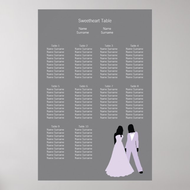 Two Brides Wedding (Lilac and Gray) Seating Plan Poster (Front)