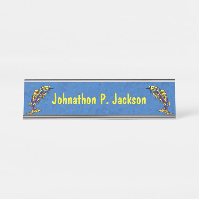 Two Brightly Coloured Abstract Fish Blue Desk Name Plate (Front)
