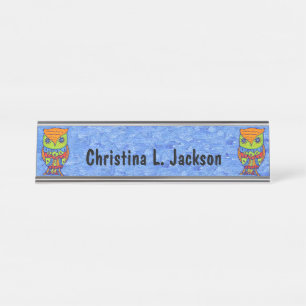 Two Brightly Coloured Abstract Owls Star Eyes Blue Desk Name Plate