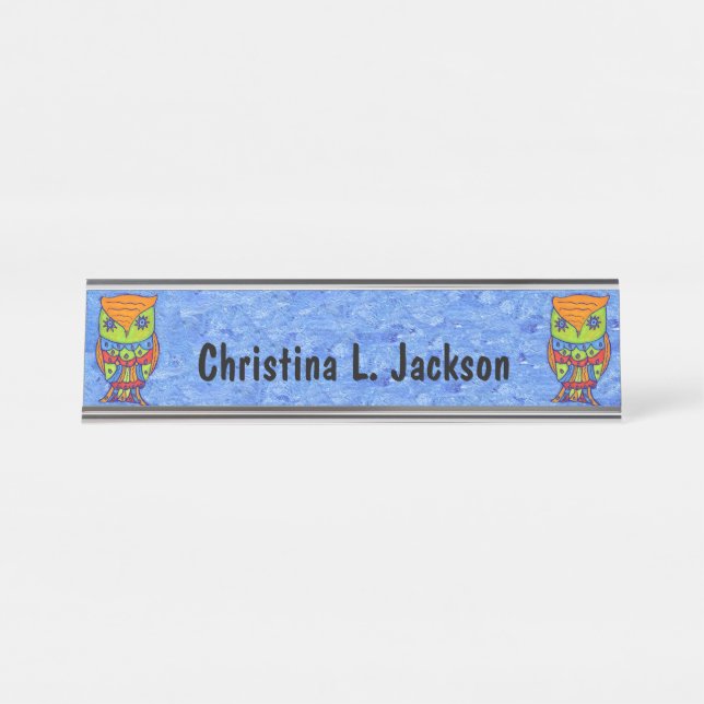 Two Brightly Coloured Abstract Owls Star Eyes Blue Desk Name Plate (Front)