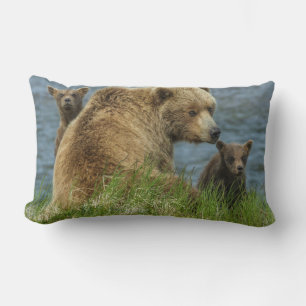Two Brown Bear Cubs with Mother by the Water Lumbar Pillow