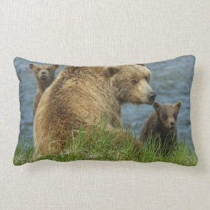 Two Brown Bear Cubs with Mother by the Water Lumbar Pillow