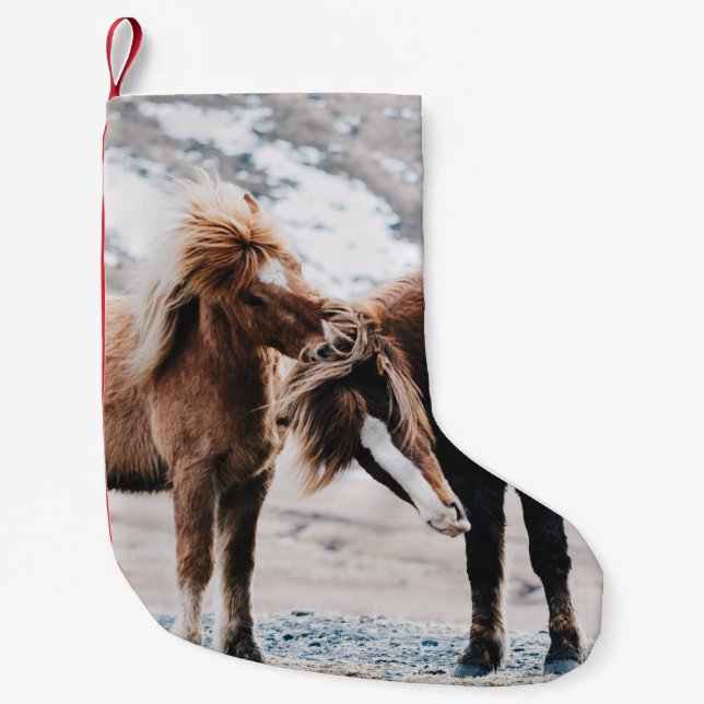 TWO BROWN HORSES ON FIELD SMALL CHRISTMAS STOCKING (Front)