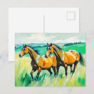 Two Brown Horses Running Across Green Meadow Postcard