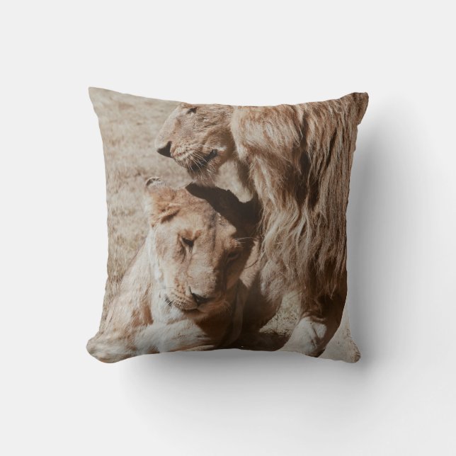 TWO BROWN LION ON GREEN FIELD THROW PILLOW (Front)