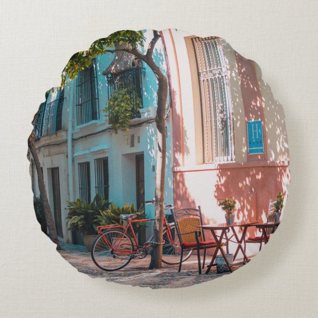 Two brown table outside round pillow (Front)