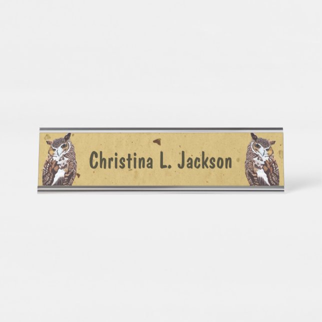 Two Brown White Barn Owls Golden Eyes on Yellow Desk Name Plate (Front)