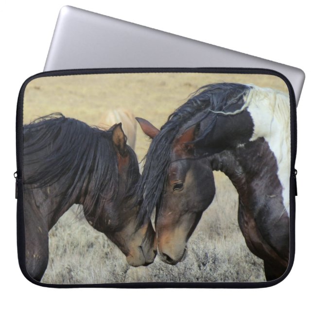 Two Brown Wild Horses Nuzzling Laptop Sleeve (Front)