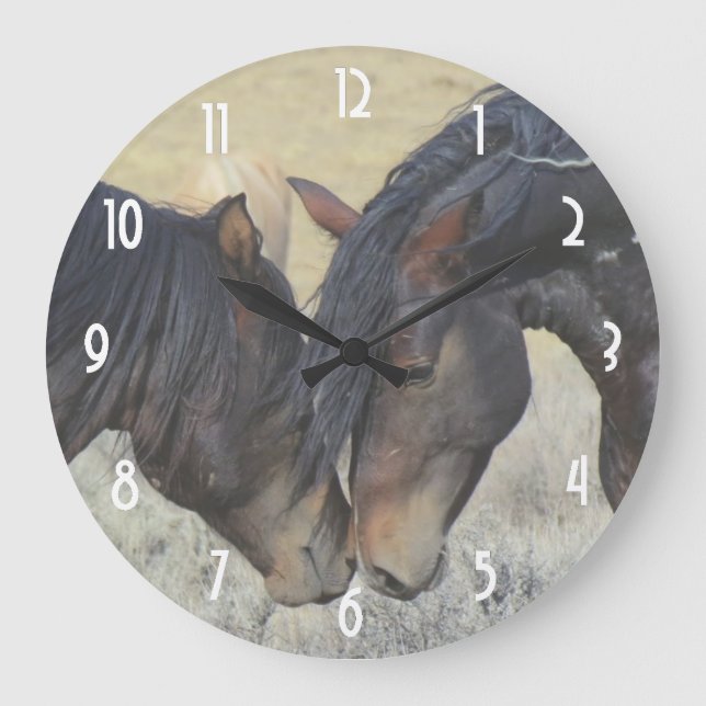 Two Brown Wild Horses Nuzzling Large Clock (Front)