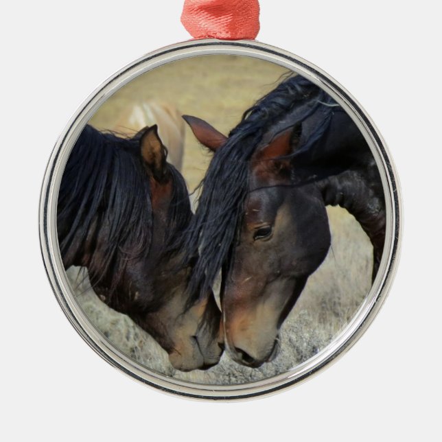 Two Brown Wild Horses Nuzzling Metal Ornament (Front)