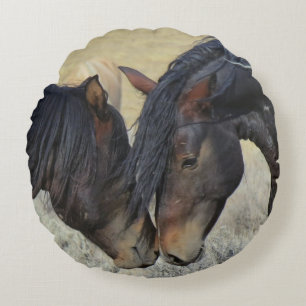 Two Brown Wild Horses Nuzzling Round Pillow