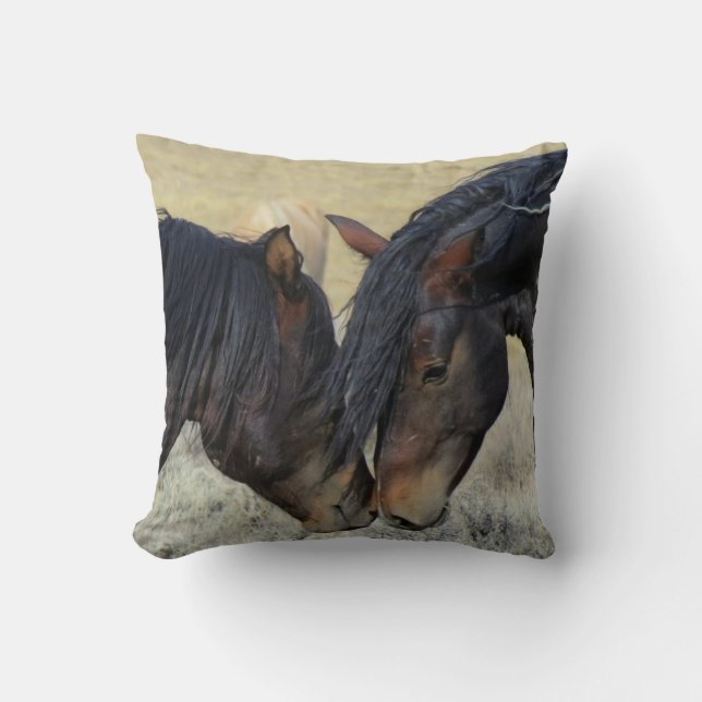 Two Brown Wild Horses Nuzzling Throw Pillow (Front)