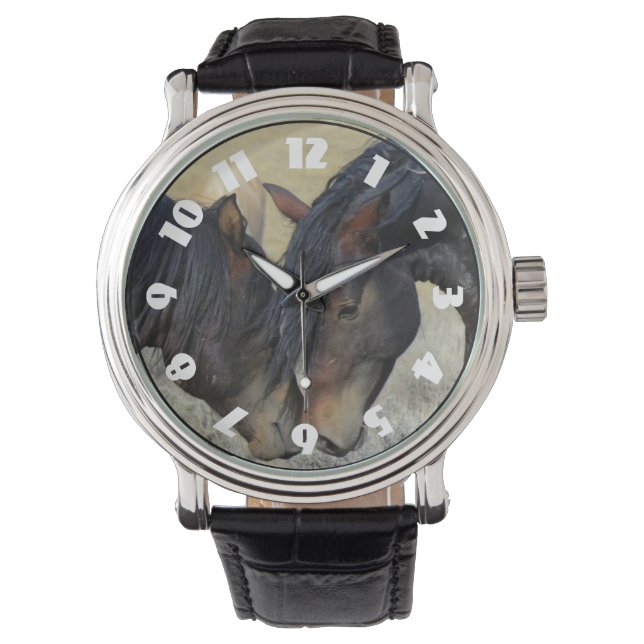 Two Brown Wild Horses Nuzzling Watch (Front)