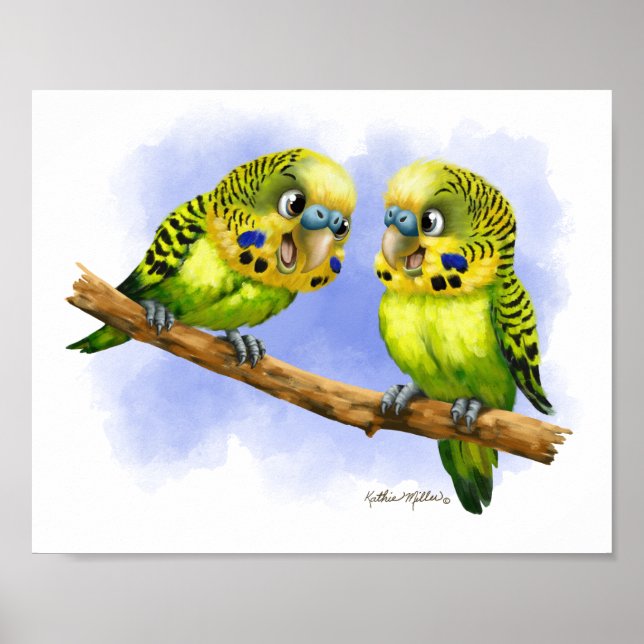 Two Budgies on a Branch Cartoon Poster (Front)