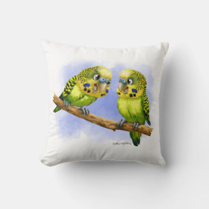 Two Budgies on a Branch Cartoon Throw Pillow