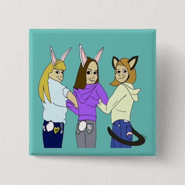 Two bunnies and a kitty 2 inch square button (Front)