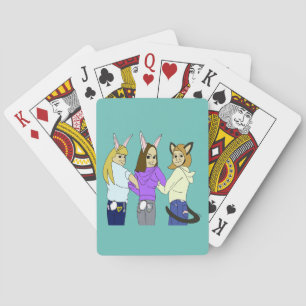 Two bunnies and a kitty playing cards