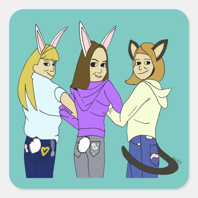 Two bunnies and a kitty square sticker (Front)