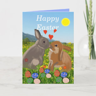 Two Bunnies Kissing in a Flower Meadow Easter  Holiday Card