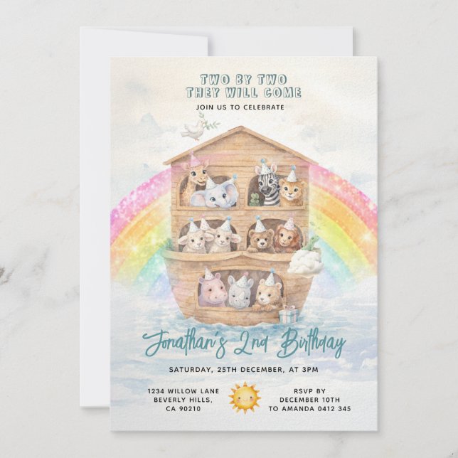 TWO BY TWO Noah's Ark Birthday Rainbow Invitation (Front)