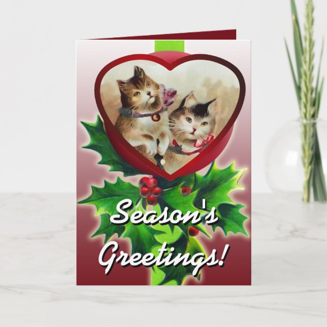 Two Calico Cats in a Heart Cute Christmas Card (Front)