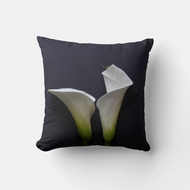 Two calla lilies on black throw pillow (Front)