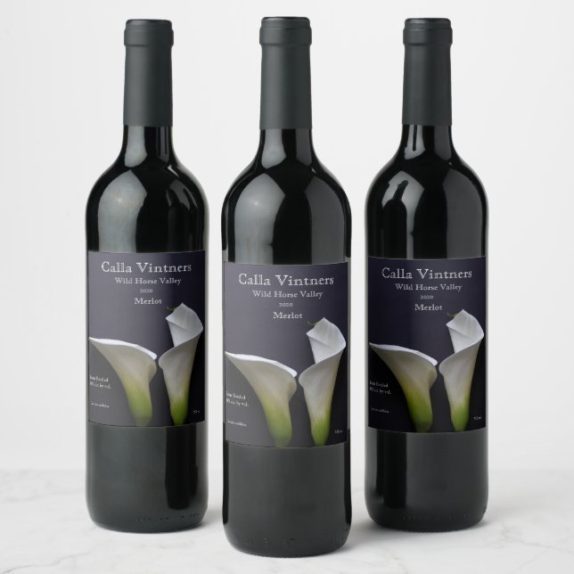Two calla lilies on black wine label (Bottles)