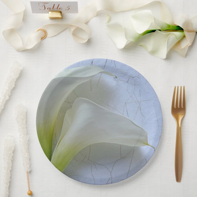 Two calla lilies on textured paper plate (Wedding)