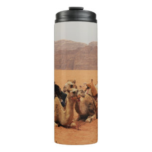 TWO CAMEL SITTING ON BROWN SAND NEAR MOUTAINS THERMAL TUMBLER