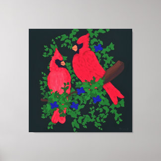 Two Cardinals Perched on Branch Canvas Print