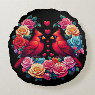 Two Cardinals with Colorful Roses and Hearts Round Pillow