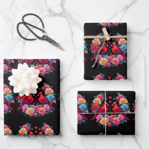 Two Cardinals with Colorful Roses and Hearts Wrapping Paper Sheet