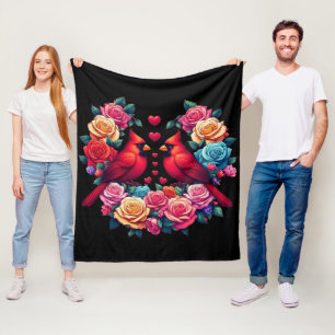 Two Cardinals with Colourful Roses and Hearts Fleece Blanket
