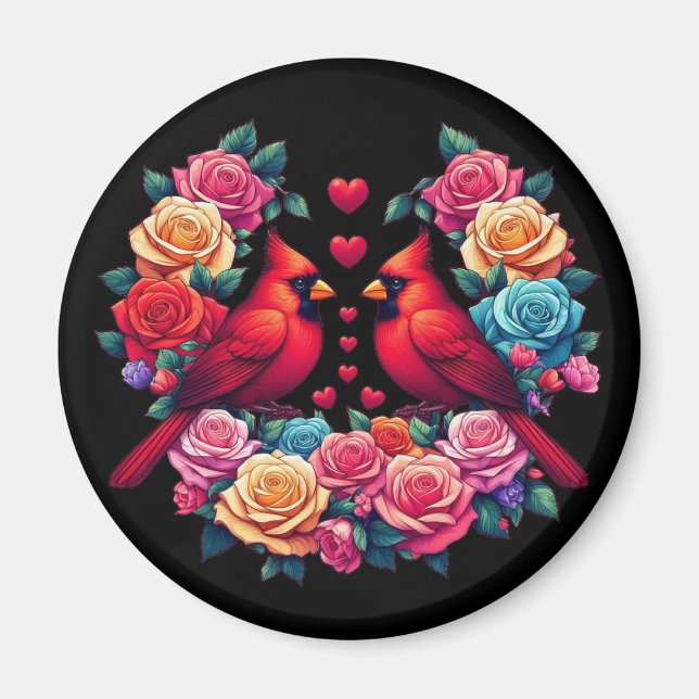 Two Cardinals with Colourful Roses and Hearts Magnet (Front)