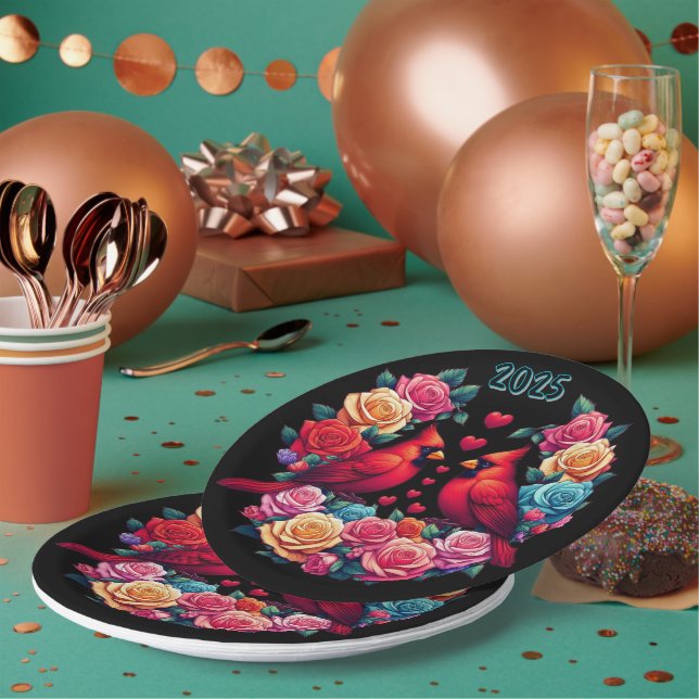 Two Cardinals with Colourful Roses and Hearts Paper Plate (Multi)