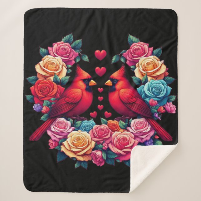 Two Cardinals with Colourful Roses and Hearts Sherpa Blanket (Front)