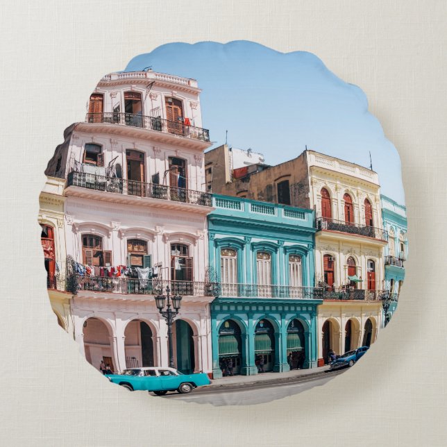 TWO CARS PARKED OUTSIDE BUILDING ROUND PILLOW (Front)